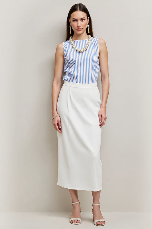 White Blue Pencil Bateau 2 Piece Blouses and Skirt with Slit