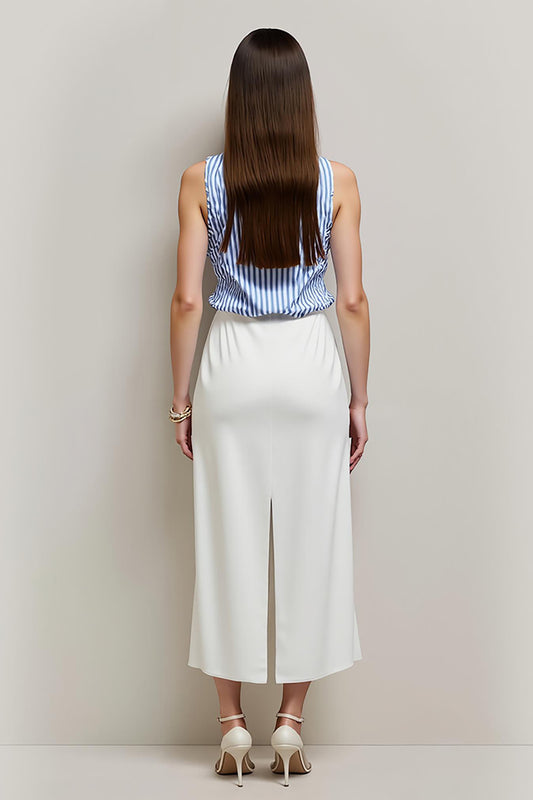 White Blue Pencil Bateau 2 Piece Blouses and Skirt with Slit