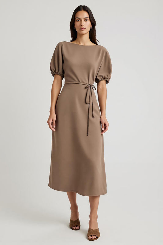 Coffee Bateau Pencil Short Sleeves Midi Work Dress with Sash