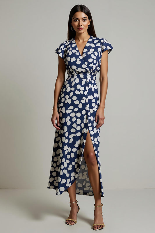 White Blue Printed V-Neck Long Wedding Guest Dress with Slit