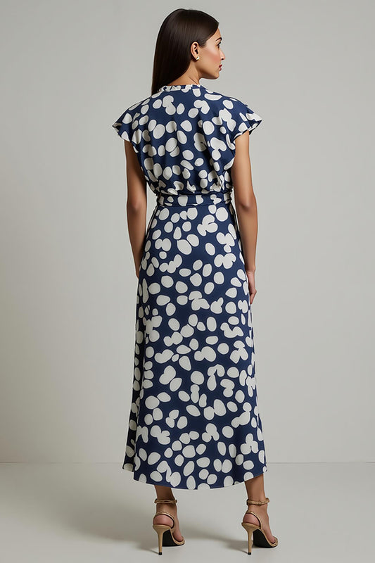 White Blue Printed V-Neck Long Wedding Guest Dress with Slit