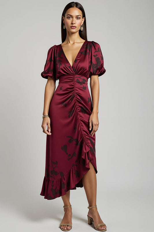 Burgundy V-Neck Asymmetrical Bodycon Midi Wedding Guest Dress