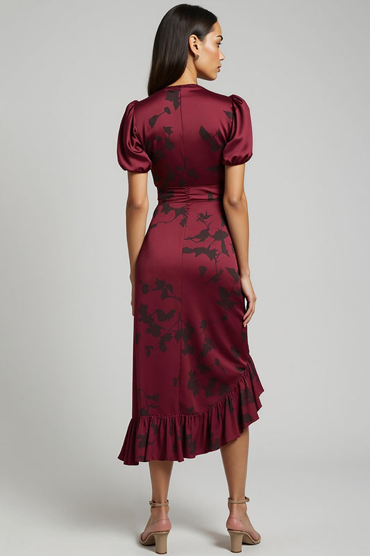 Burgundy V-Neck Asymmetrical Bodycon Midi Wedding Guest Dress