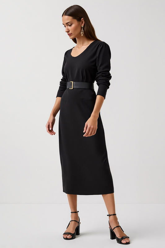 Simple Black Round Neck Pencil Midi Work Dress with Sleeves