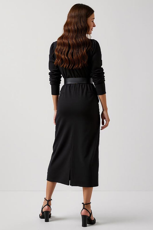 Simple Black Round Neck Pencil Midi Work Dress with Sleeves