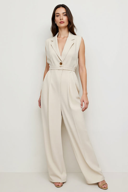 Ivory Satin Notched Lapel Work Jumpsuits