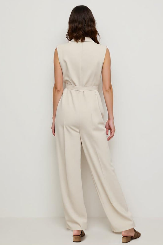 Ivory Satin Notched Lapel Work Jumpsuits