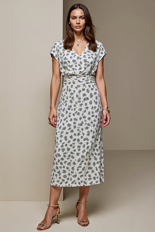 White Blue Printed V-Neck Bodycon Long Wedding Guest Dress