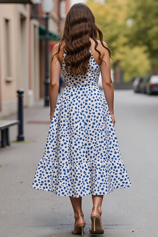 White Blue Printed A Line Midi Work Dress