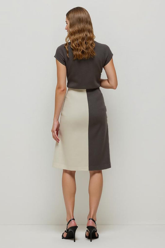 Coffee Square Neck Pencil Midi Work Dress with Sleeves