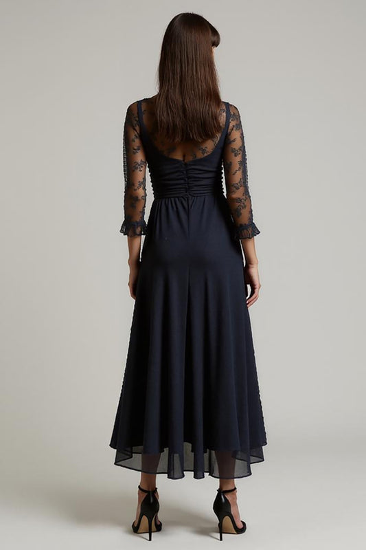 Navy V-Neck Ruched Chiffon Long Work Dress with Sleeves