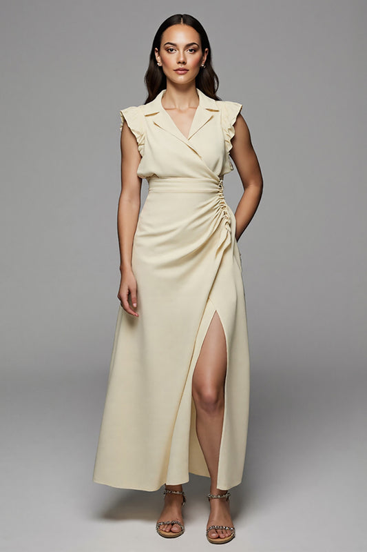 Apricot Notched Lapel Satin Long Work Dress with Slit