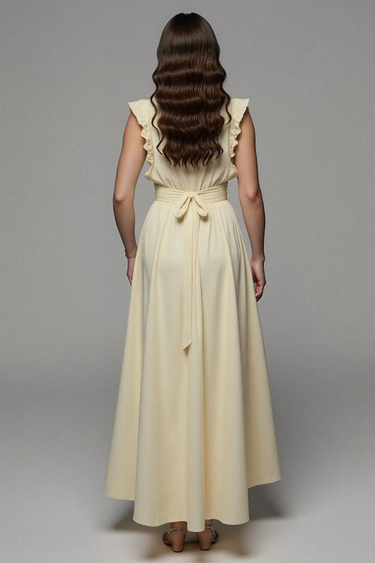 Apricot Notched Lapel Satin Long Work Dress with Slit