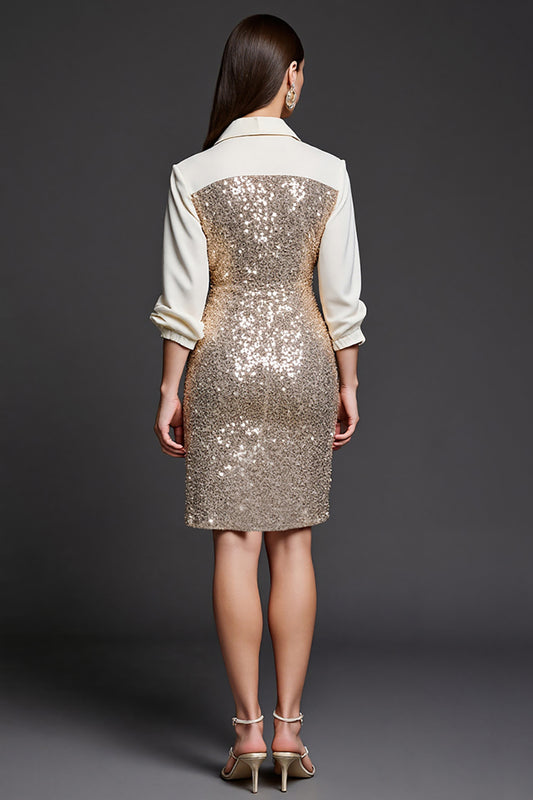 Sparkly Golden Pencil Sequins Collar Neck Short Work Dress with Slit