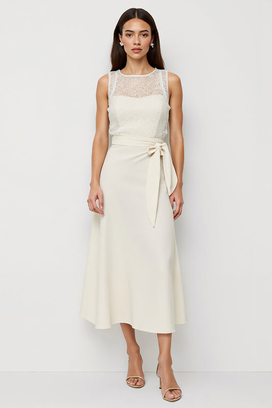 White Satin Scoop Bow Pencil Midi Work Dress with Sash