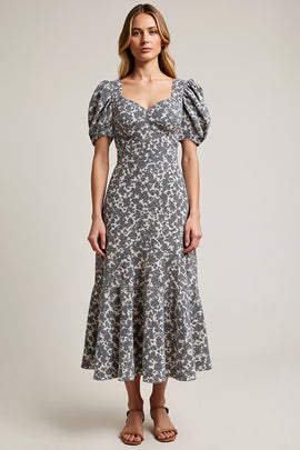 White Black Flower A Line Long Wedding Guest Dress with Sleeves