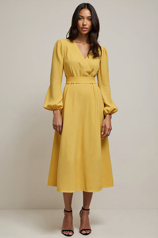 Yellow V-Neck A Line Midi Work Dress with Sleeves