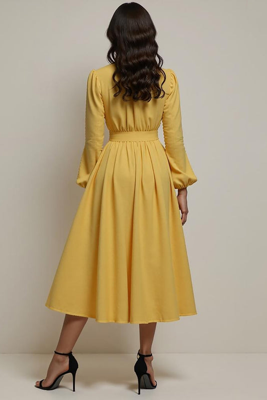 Yellow V-Neck A Line Midi Work Dress with Sleeves