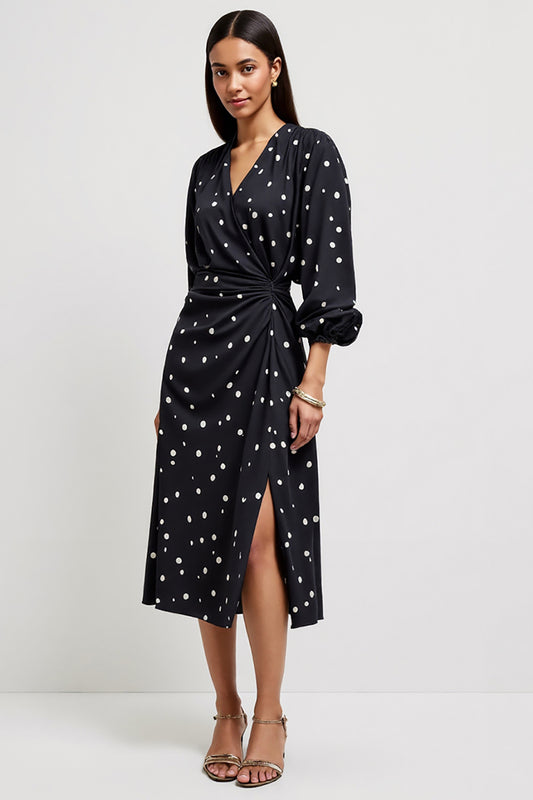 Black Printed V-Neck Midi Ruched Polka Dot Dress with Slit