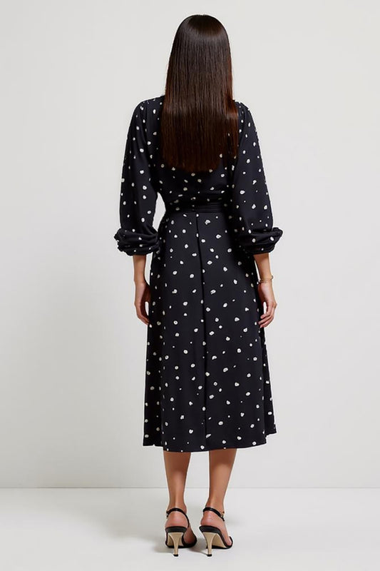 Black Printed V-Neck Midi Ruched Polka Dot Dress with Slit