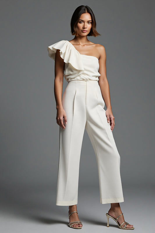 Ivory One Shoulder Work Jumpsuits with Ruffles