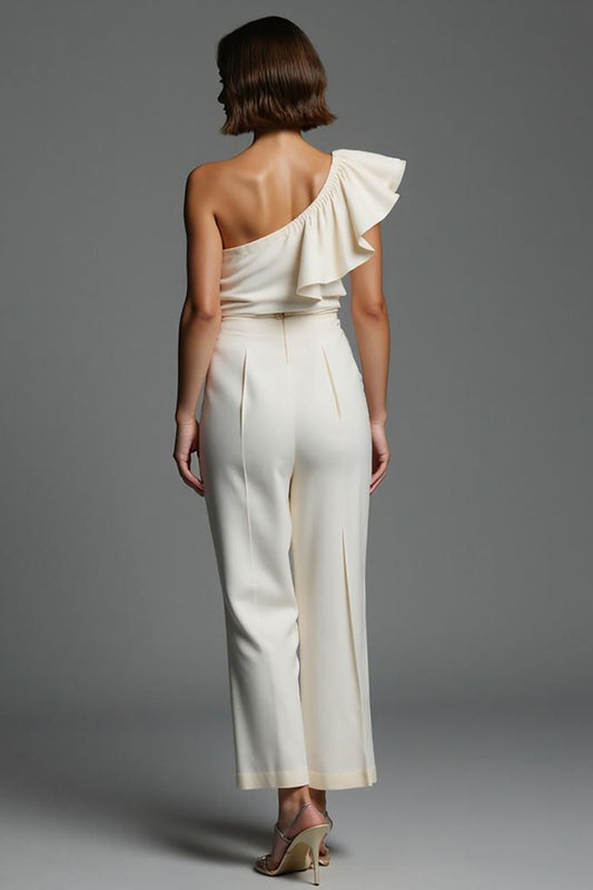 Ivory One Shoulder Work Jumpsuits with Ruffles