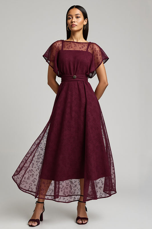 Burgundy Bateau A Line Long Lace Work Dress with Sleeves