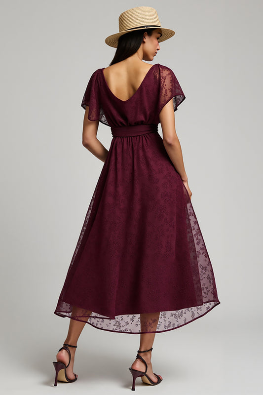 Burgundy Bateau A Line Long Lace Work Dress with Sleeves