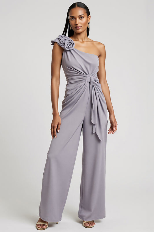 Grey Purple One Shoulder Ruched Work Jumpsuits with 3D Flowers