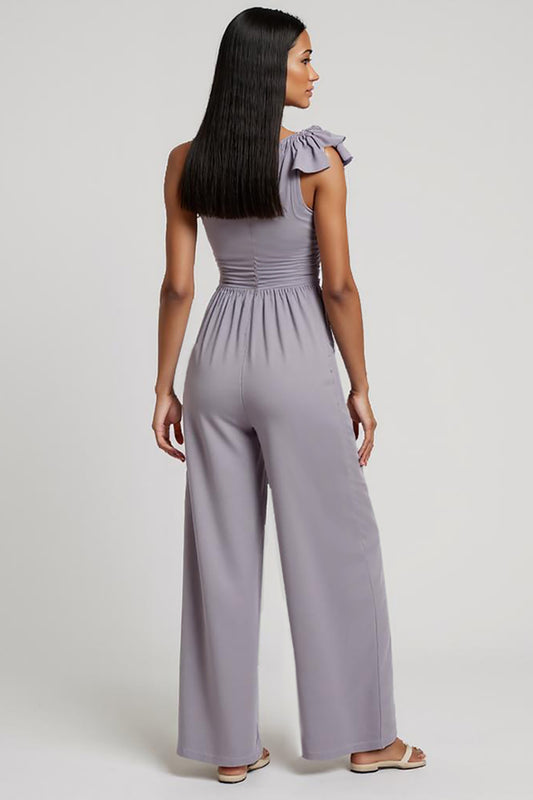 Grey Purple One Shoulder Ruched Work Jumpsuits with 3D Flowers