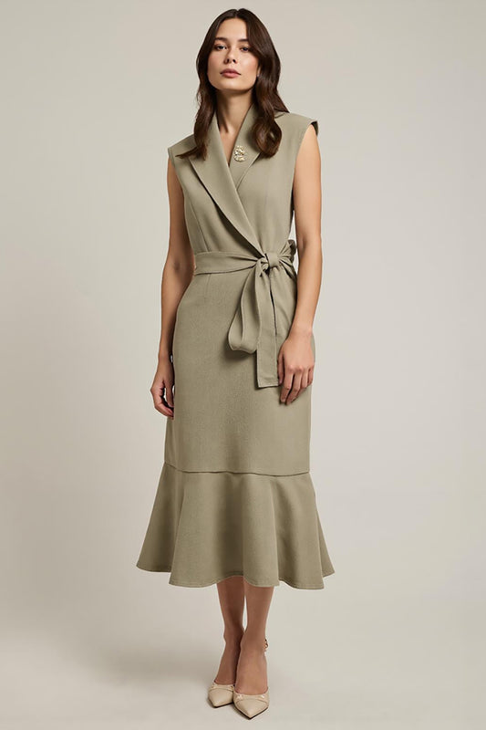 Grey Green Shawl Lapel Pencil Midi Work Dress with Sash