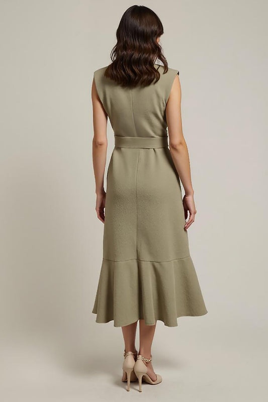Grey Green Shawl Lapel Pencil Midi Work Dress with Sash