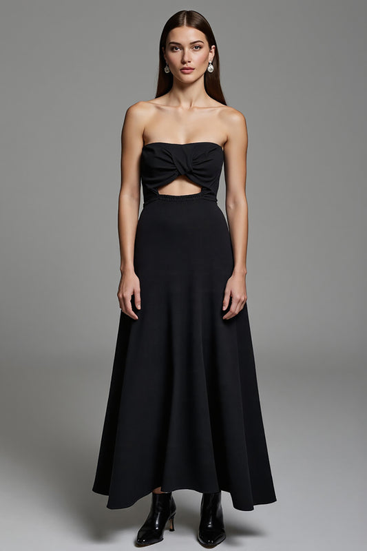 Black Strapless A Line Keyhole Long Work Dress