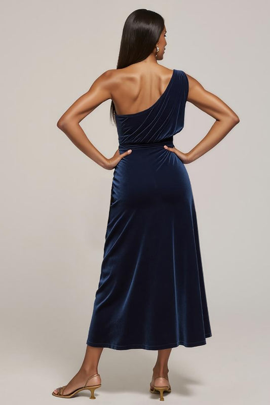 Navy Velvet One Shoulder Ruched Midi Holiday Party Dress with Slit