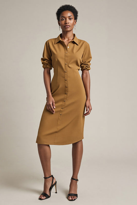 Yellow Collar Neck Pencil Midi Work Dress with Sleeves