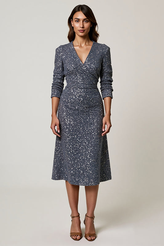 Sparkly Grey Blue Sequins V-Neck Midi Holiday Party Dress with Sleeves
