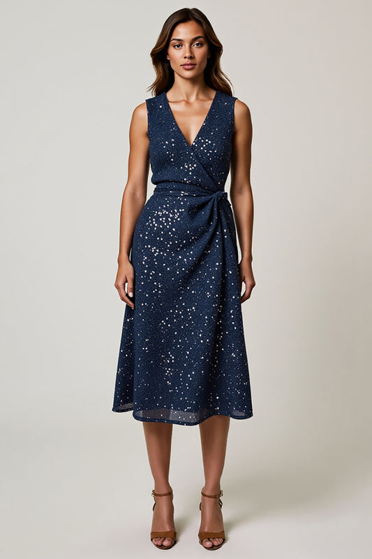 Sparkly Navy V-Neck Ruched A-Line Midi Holiday Party Dress