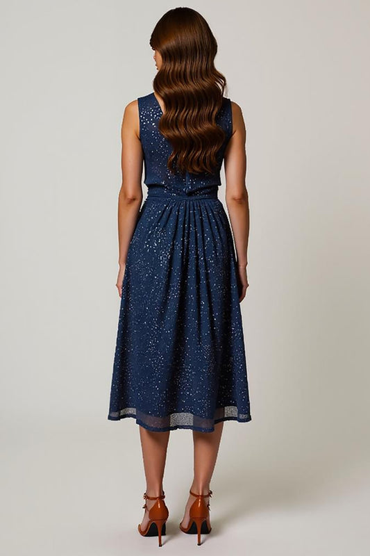 Sparkly Navy V-Neck Ruched A-Line Midi Holiday Party Dress