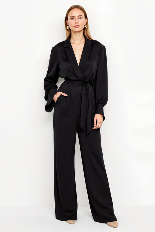 Black Satin Notched Lapel Work Jumpsuits with Sash