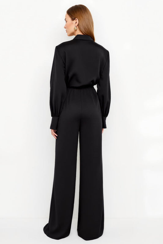 Black Satin Notched Lapel Work Jumpsuits with Sash