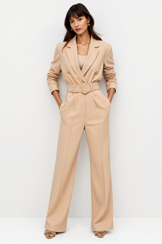 Apricot Satin Long Sleeves Notched Lapel Work Jumpsuits with Belt