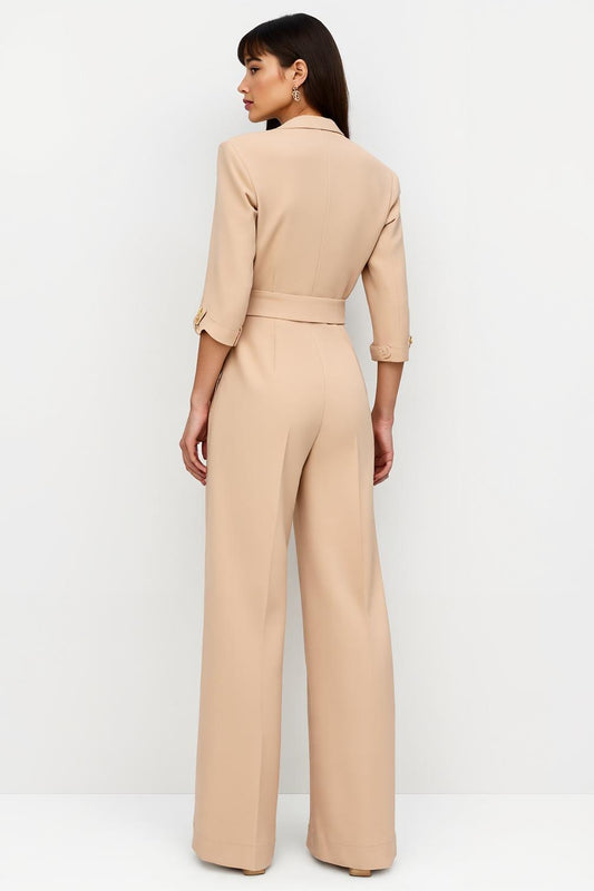 Apricot Satin Long Sleeves Notched Lapel Work Jumpsuits with Belt