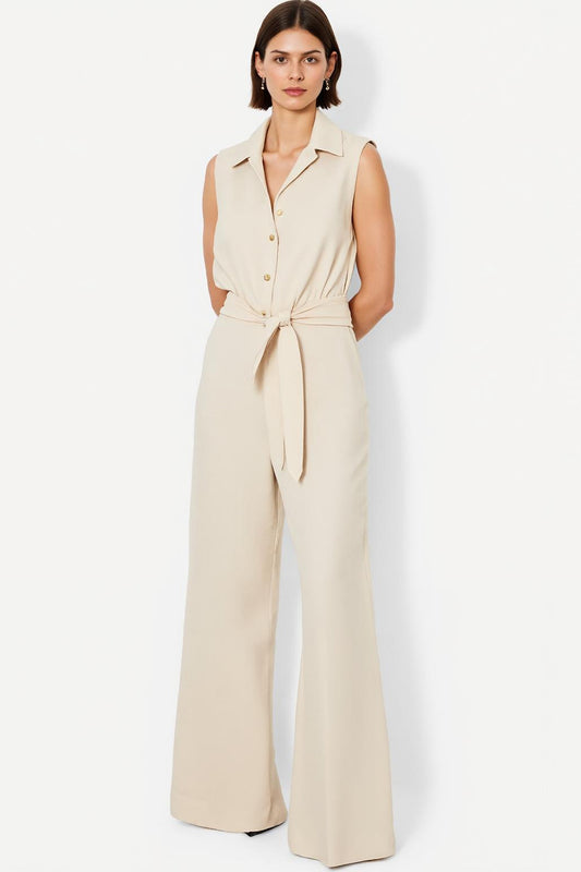 Ivory Satin Collar Neck Shirt Buttons Work Jumpsuits with Sash