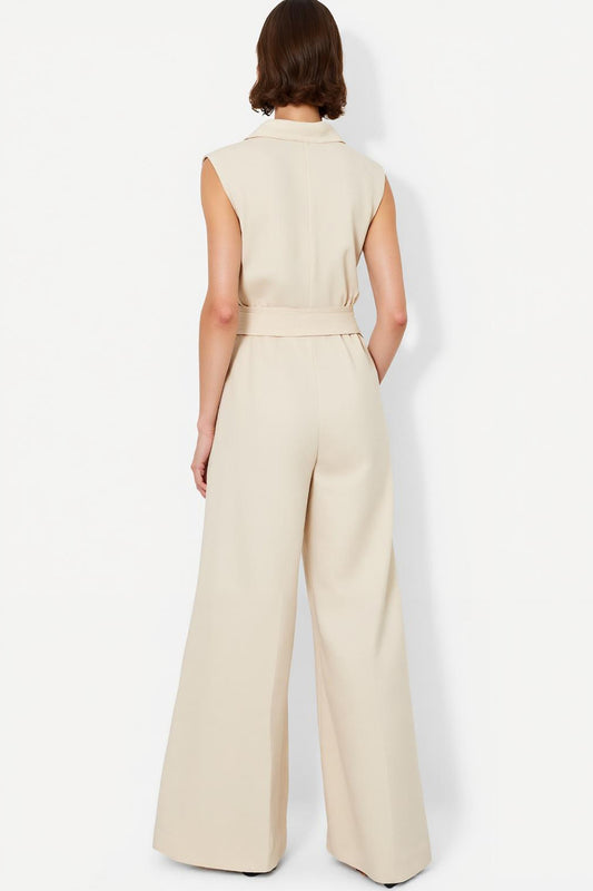 Ivory Satin Collar Neck Shirt Buttons Work Jumpsuits with Sash
