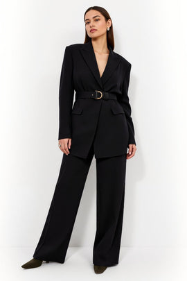 Black Satin Peak Lapel Long Sleeves 2 Piece Business Suits with Belt