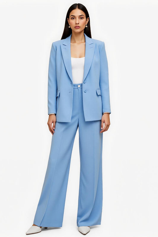 Blue Satin 2 Piece Peak Lapel Single Breasted Business Suits