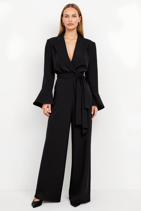 Black Peak Lapel Flare Sleeves Satin Work Jumpsuits with Sash