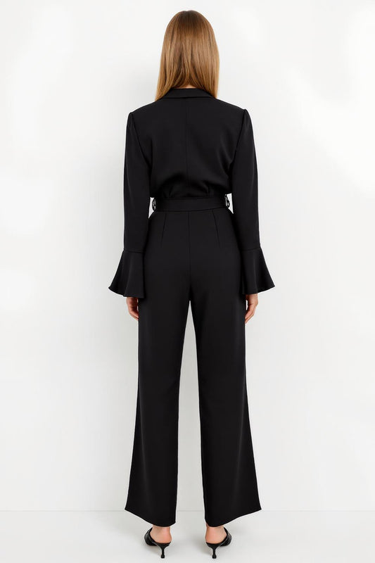 Black Peak Lapel Flare Sleeves Satin Work Jumpsuits with Sash