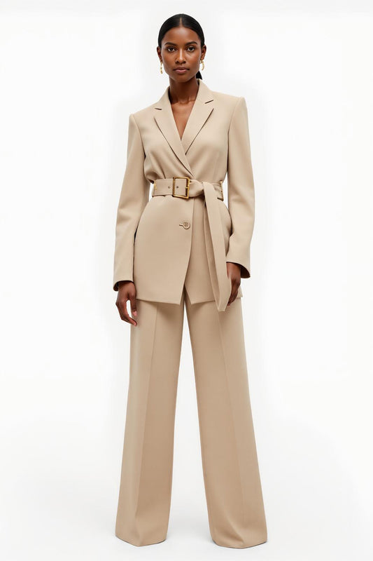 Apricot 2 Piece Notched Lapel Satin Wide Leg Business Suits with Belt