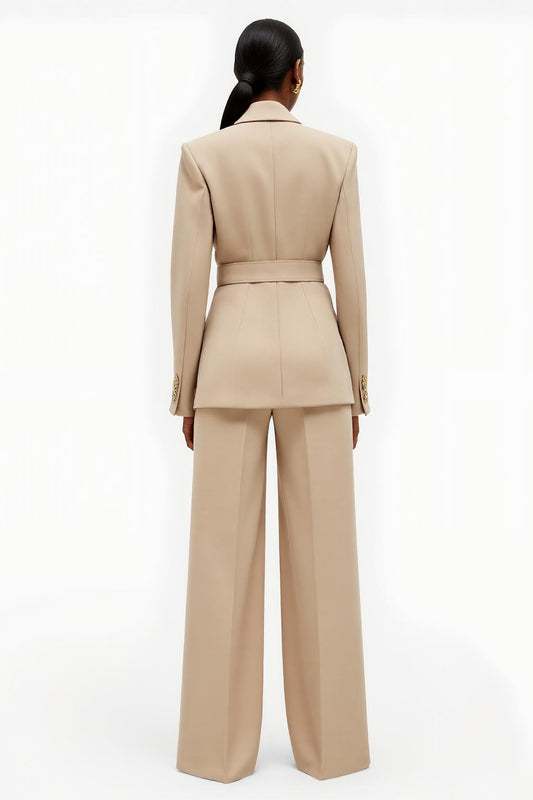 Apricot 2 Piece Notched Lapel Satin Wide Leg Business Suits with Belt